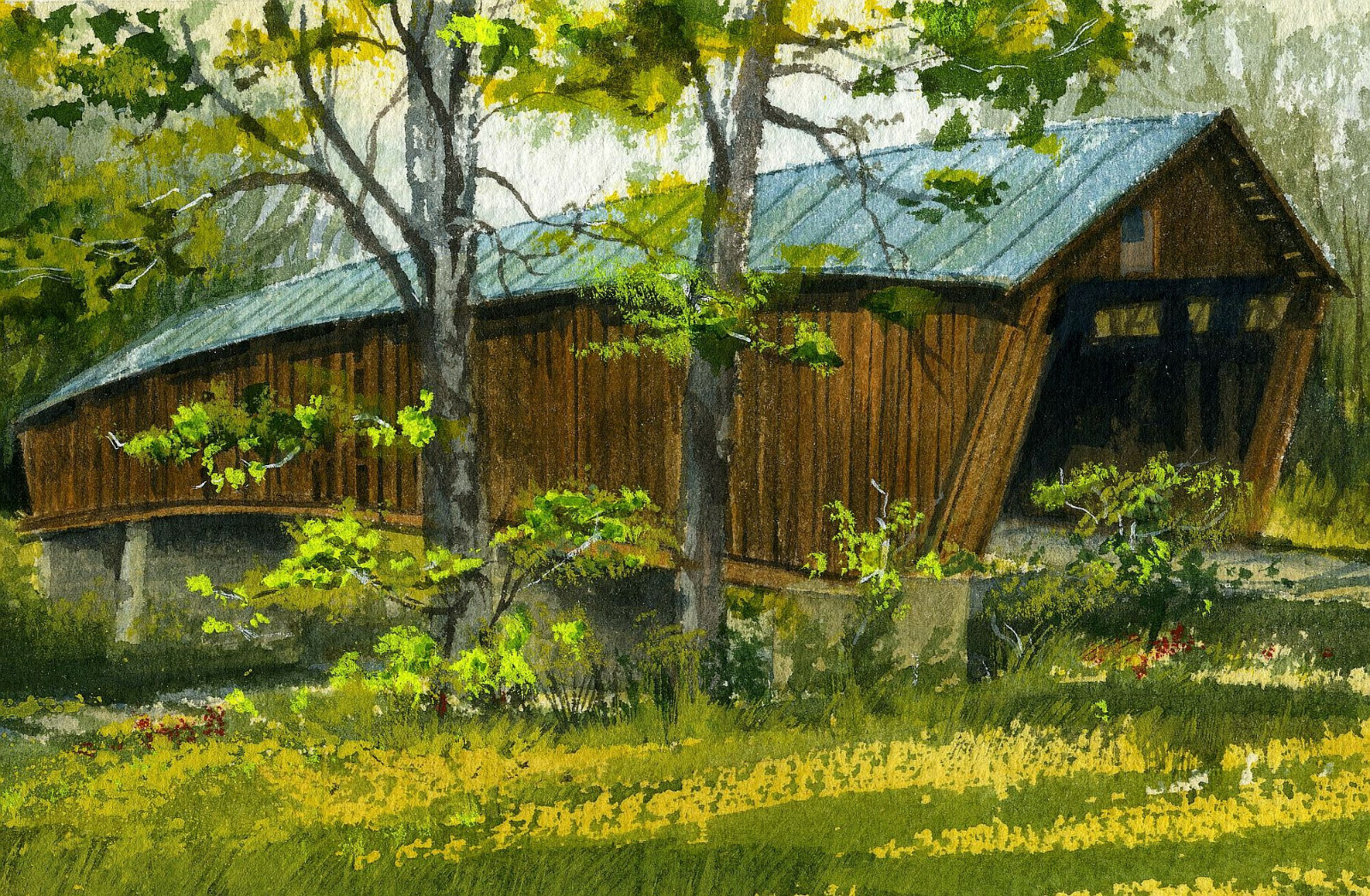 Eakin Mill, Geer's Mill Covered Bridge, Ohio. Gerald Hill watercolor notecards