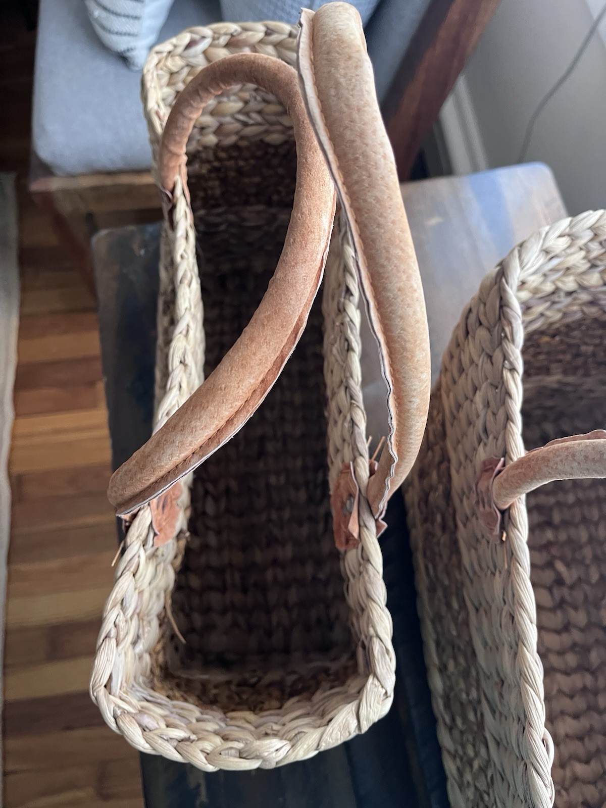 Set of 2 Large Hand Woven Rectangular Wicker Baskets with Leather Handles, Beige