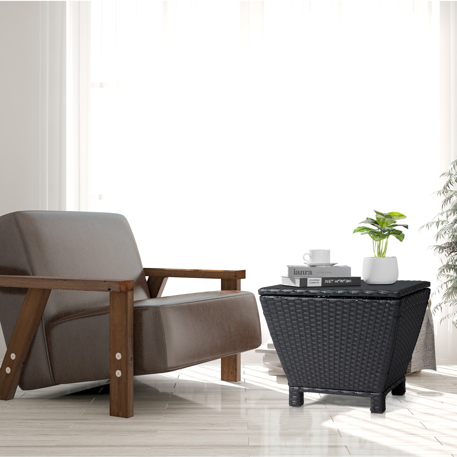 Garden 2 in1 Indoor Wicker Side End Table with Storage Trapezium Container