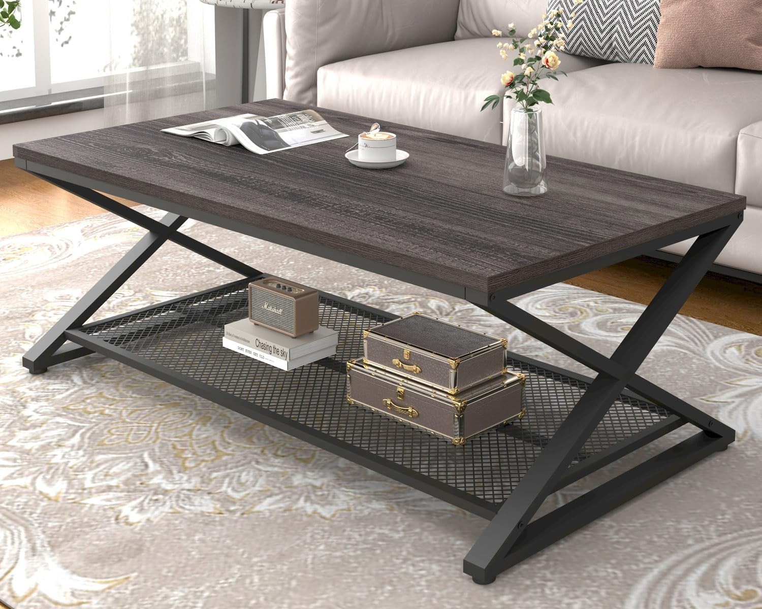 Grey Coffee Table, Wood Metal 2 Tier Center Table with Storage, Rectangular Low