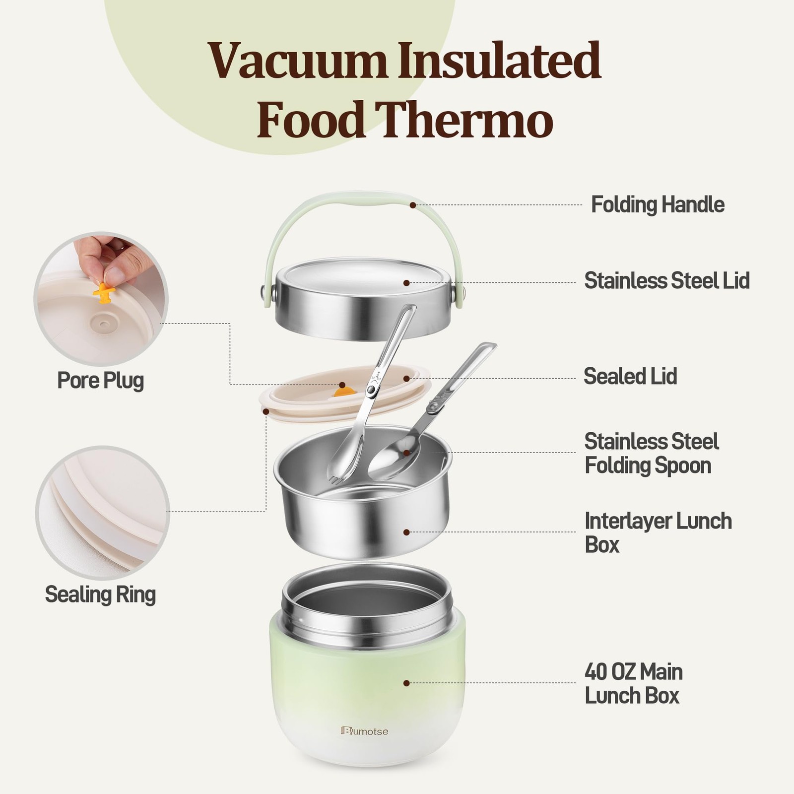 Bumotse 40oz Insulated Food Jar with 2 Compartments, Leak-Proof Thermo for Hot F
