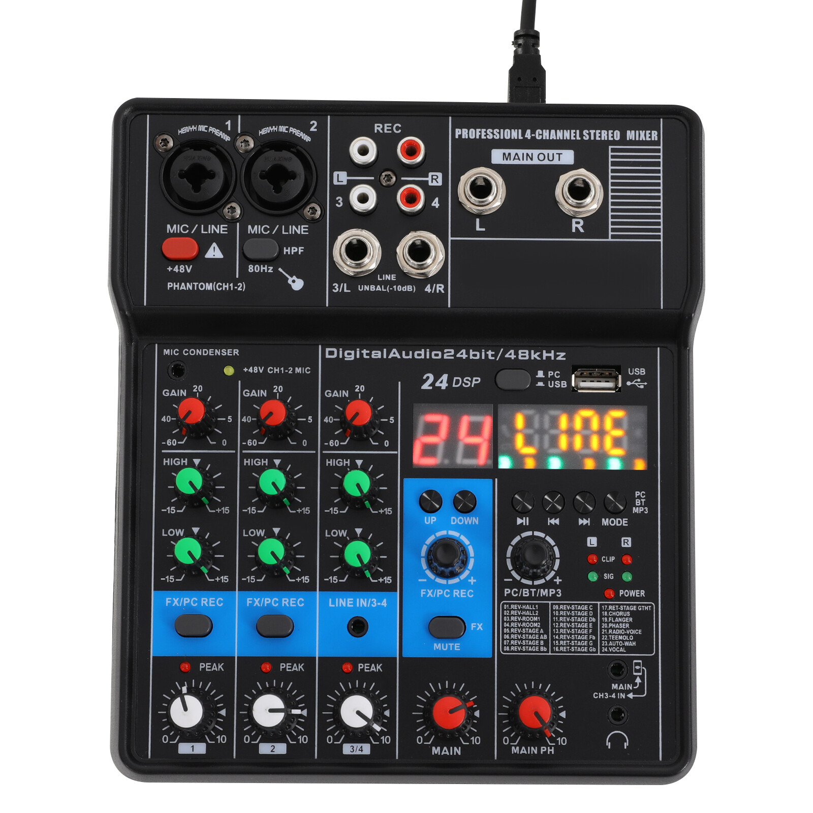 Mini Audio Mixer Bluetooth USB DJ Console 4 Channel Karaoke Live Studio 24 DSP