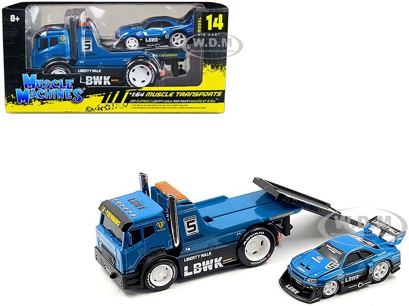 JDM FLATBED TRUCK & 1999 NISSAN SKYLINE GT-R R34 LBWK 1/64 MUSCLE MACHINES 11546