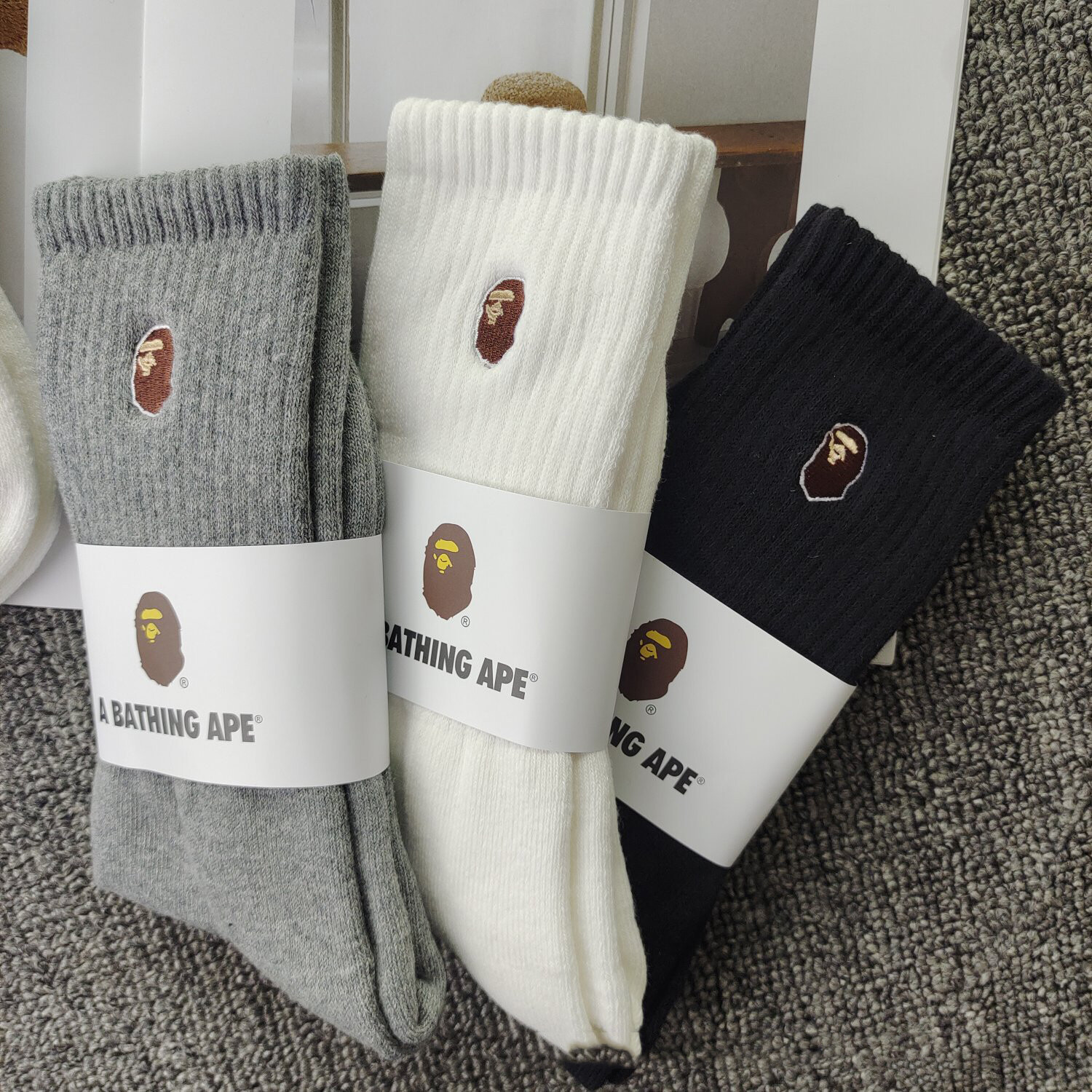 BAPE A Bathing Ape Head Embroidered Crew Socks - 3pcs