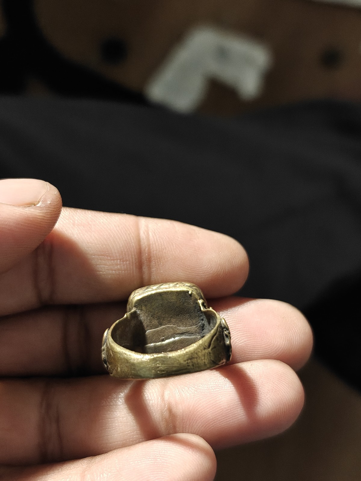 Mediveal brass black agate animal intaglio unique ring