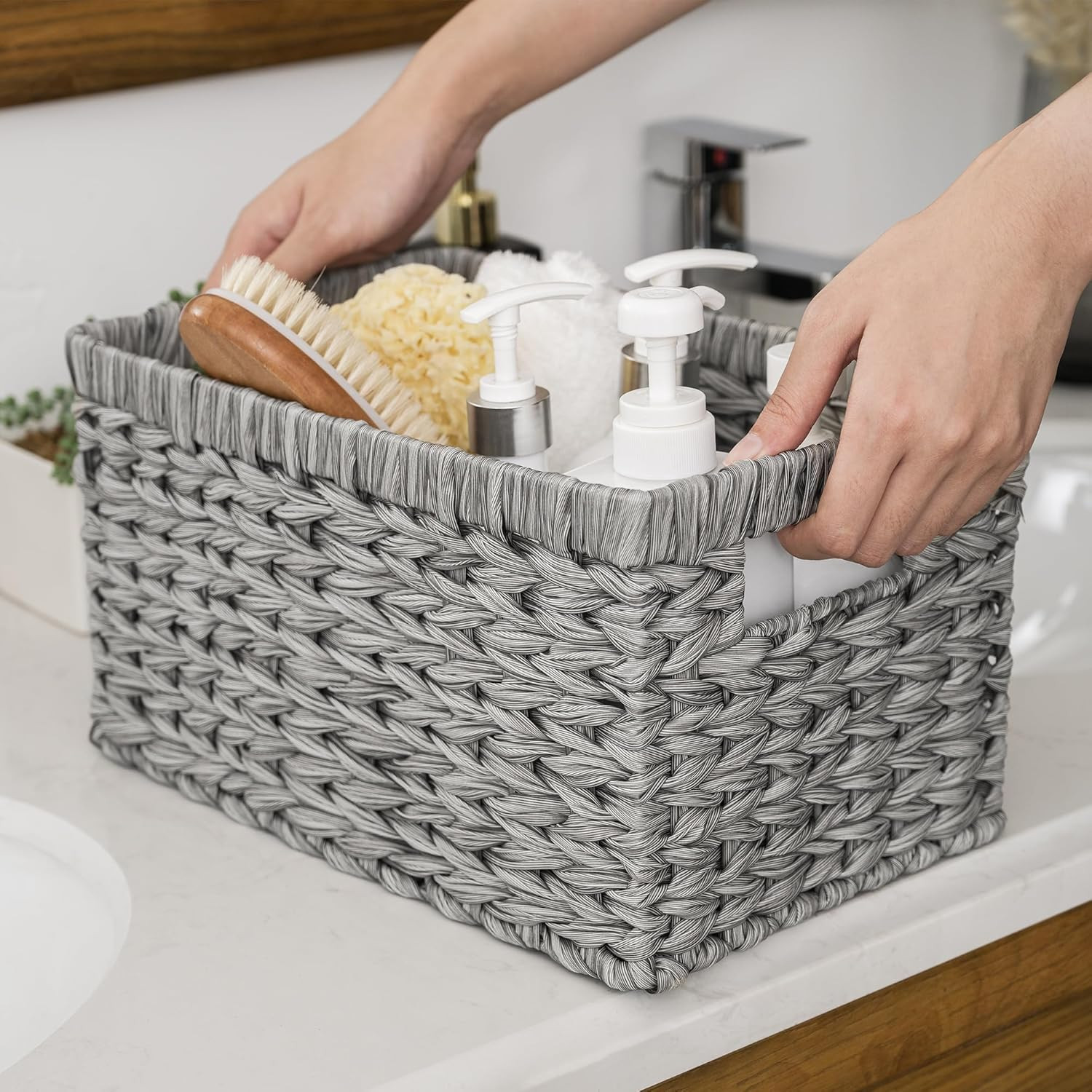Wicker Baskets with Handles - Gray Storage Baskets (2-Pack) for Organizing Cabin