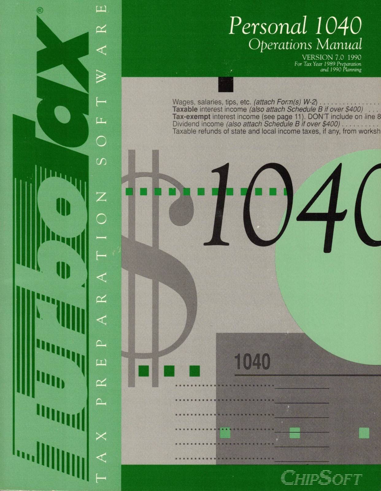 Vintage 1990 TurboTax Personal 1040 Operations Manual Version 7.0