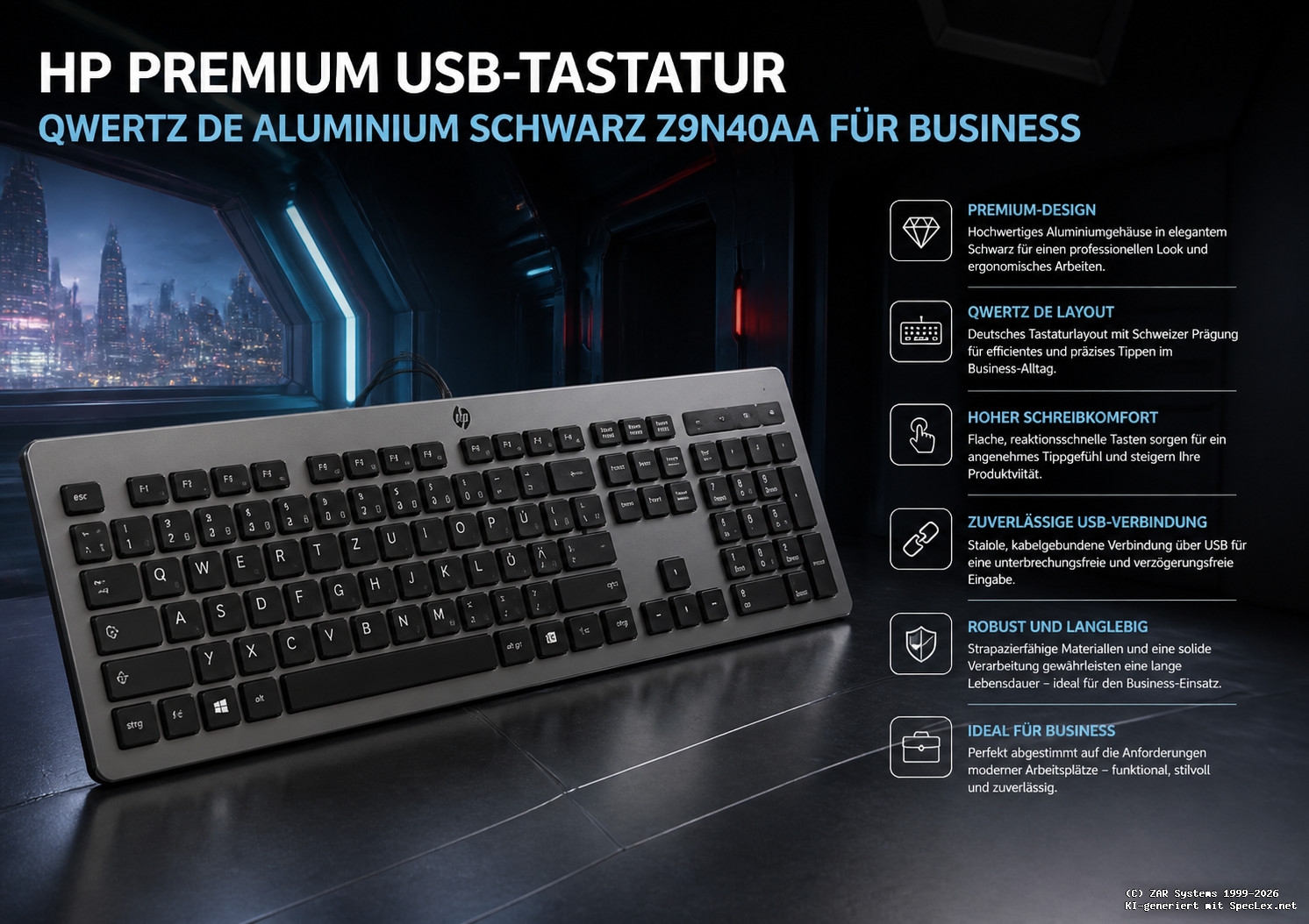 HP Z9N40AA#ABD Wired USB Premium QWERTY Keyboard German Keyboard, Black