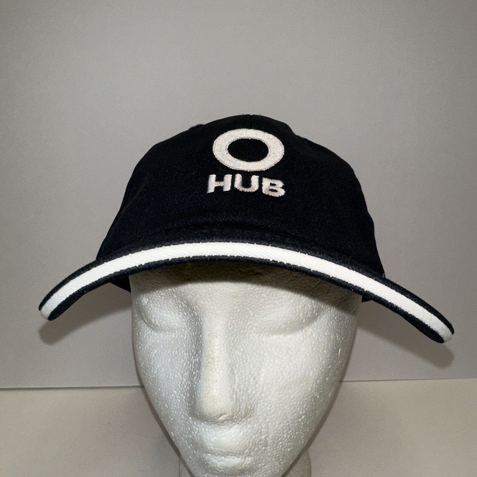 O Hub Black with White Logo Hat Cap White Bill Edge Hook Loop EUC