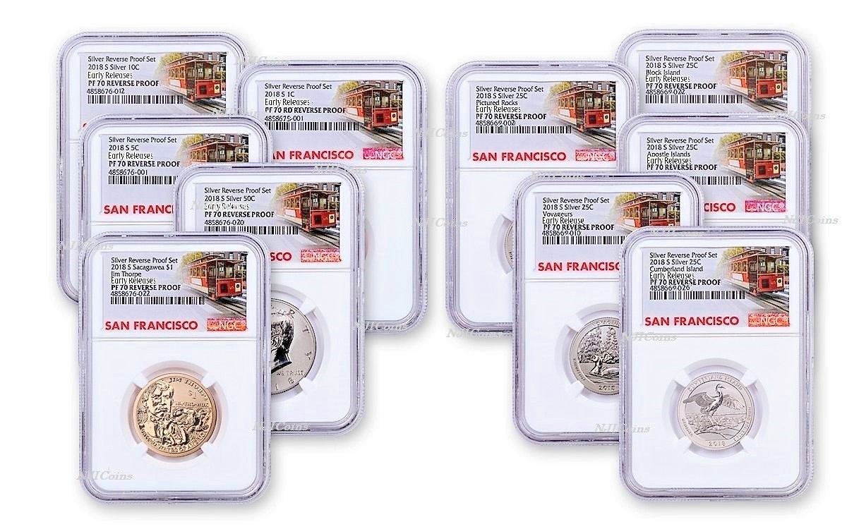 2018-S U.S. Silver Reverse Proof Set 10pc. NGC PF70 EARLY Releases Trolley Label