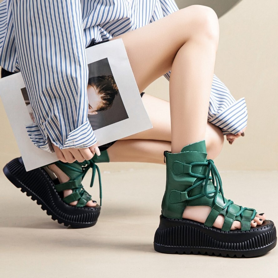 Gladiators Genuine Leather Open toe Platform Wedge Women Sandals Ankle Boots
