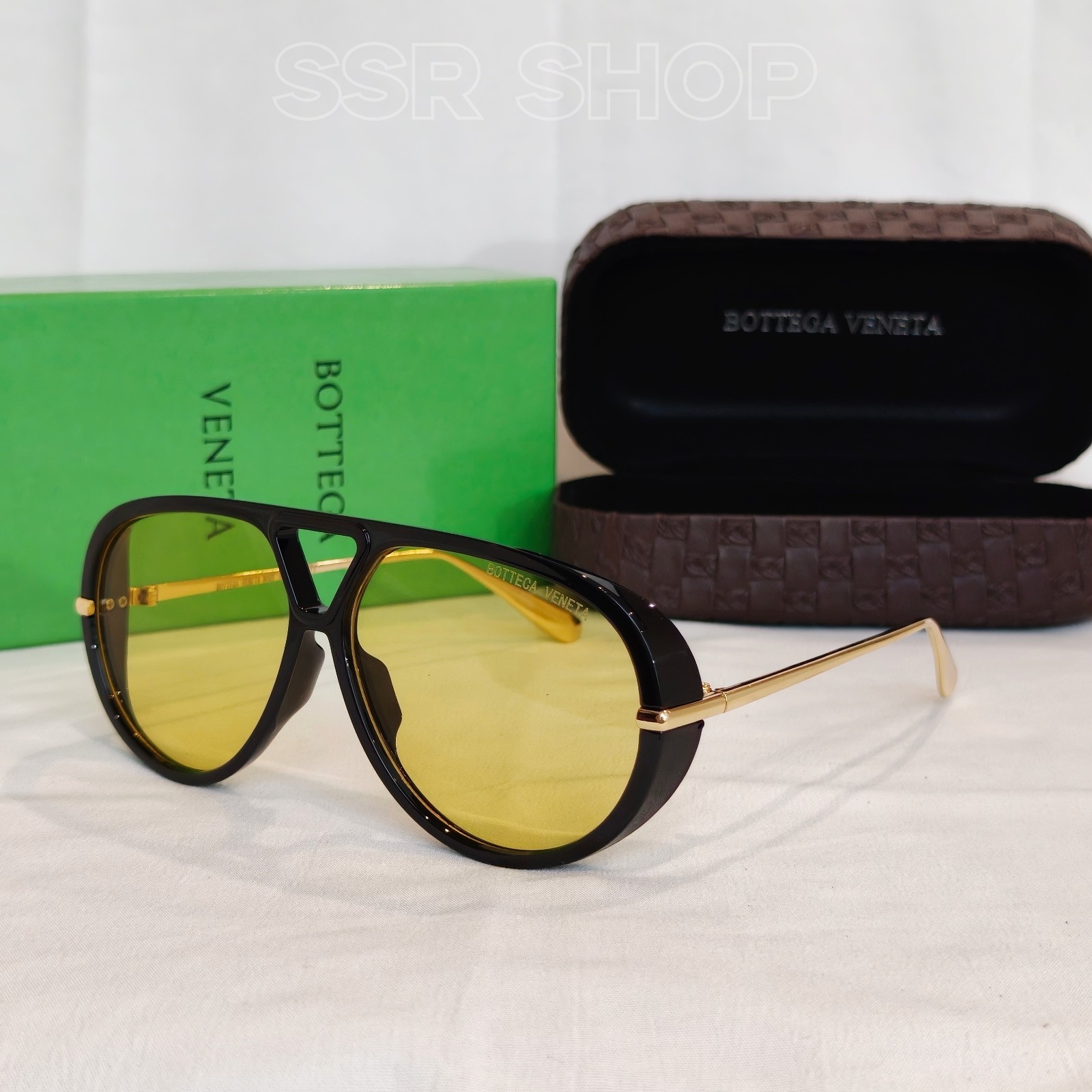 Bottega Veneta Aviator Sunglasses Black&Gold Frame Yellow Lenses Free Case