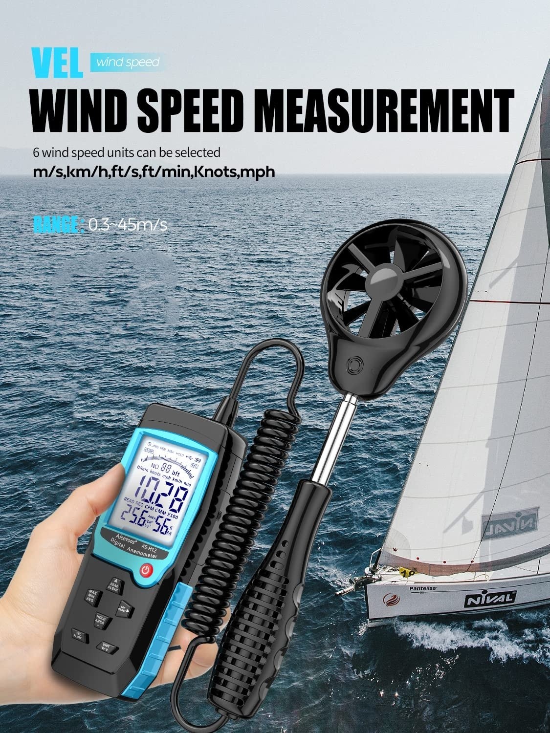 H12 Digital Anemometer Handheld Wind Speed Meter with Extended Wind Sensor