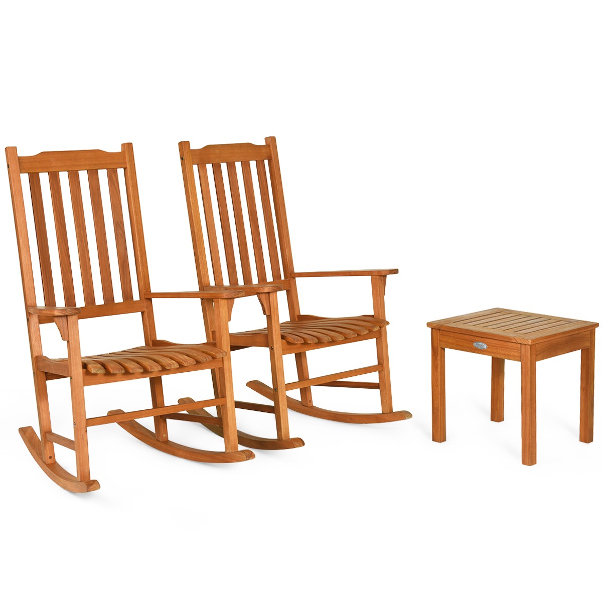 3 PCS Simple Eucalyptus Rocking Chair Set Coffee Table &2 Conversation Chairs