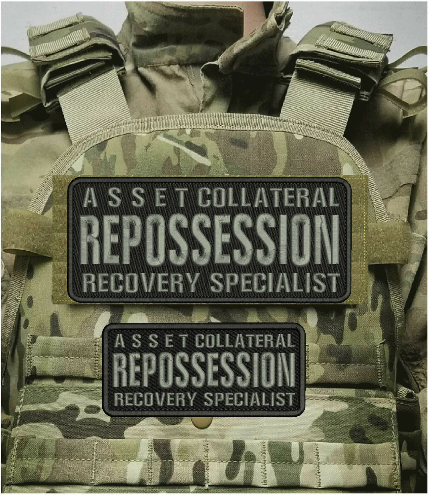 ASSET C REPOSSESSION R S EMBROIDERY PATCH 4X10 & 3X7 HOOK ON BACK BLK/gray