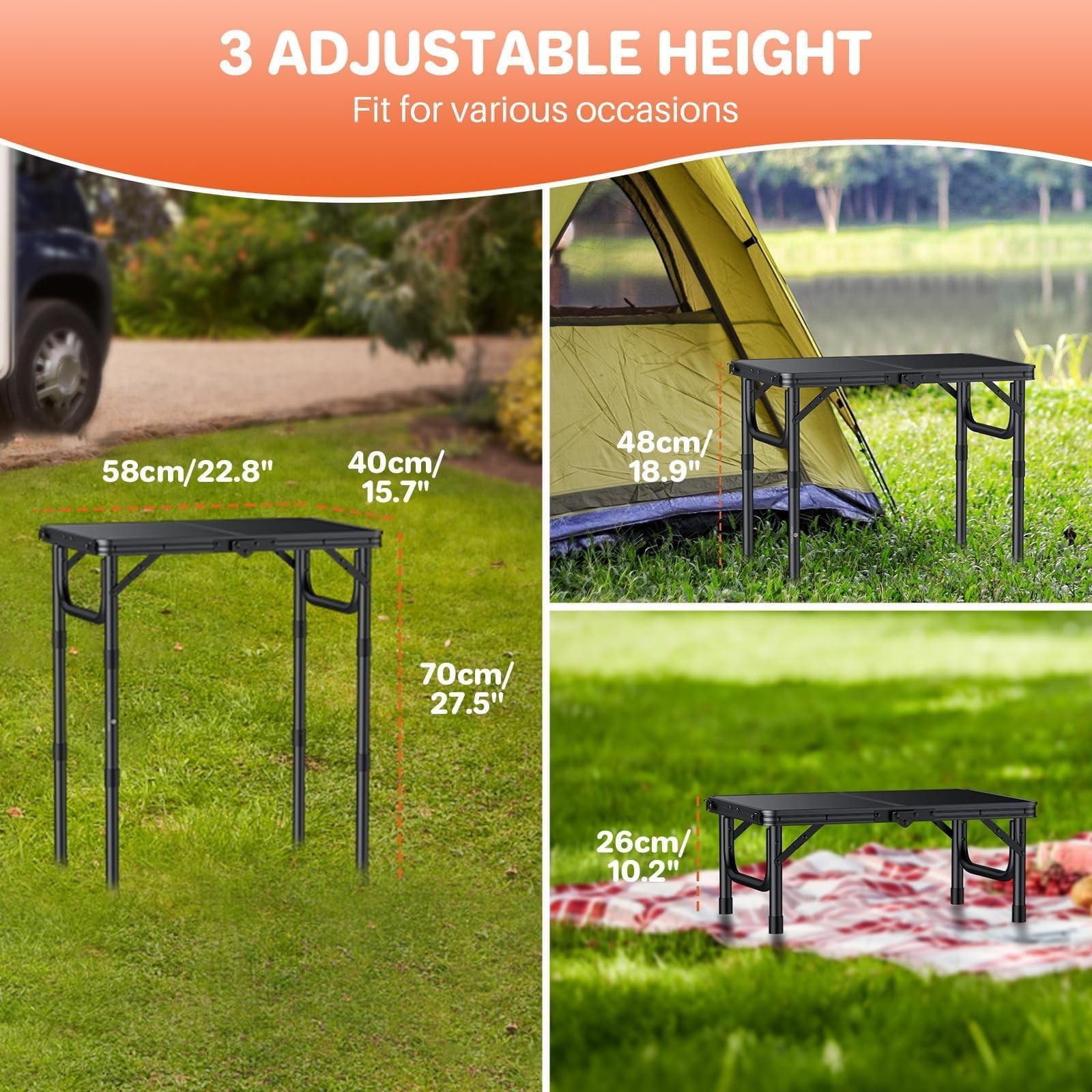2ft Small Folding Camping Table(22.8'' Lx15.7'' W), 3 Height Adjustable Porta...
