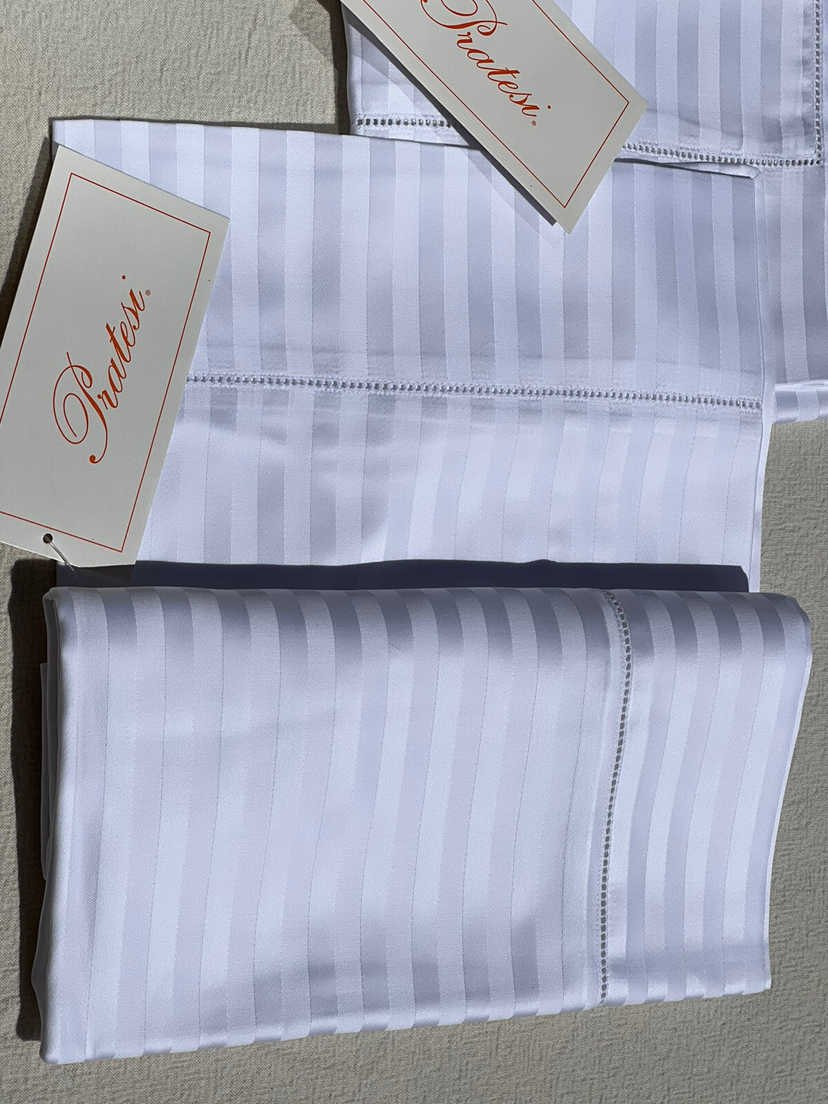 PRATESI RASO RIGATO ORANGE LINE 2 EURO SHAMS STRIPES COTTON JACQUARD WHITE ITALY