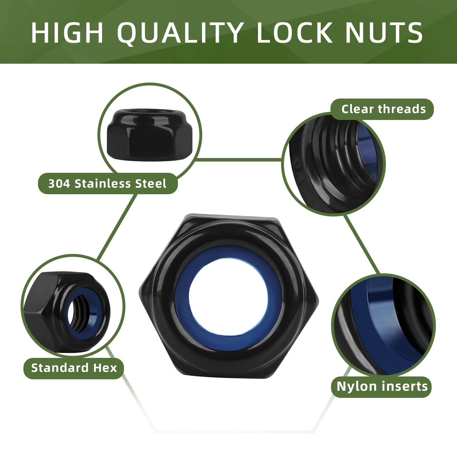 5/1618 Nylon Insert Locknuts Standard Inch Thread Hex Black Coating 50 PCS
