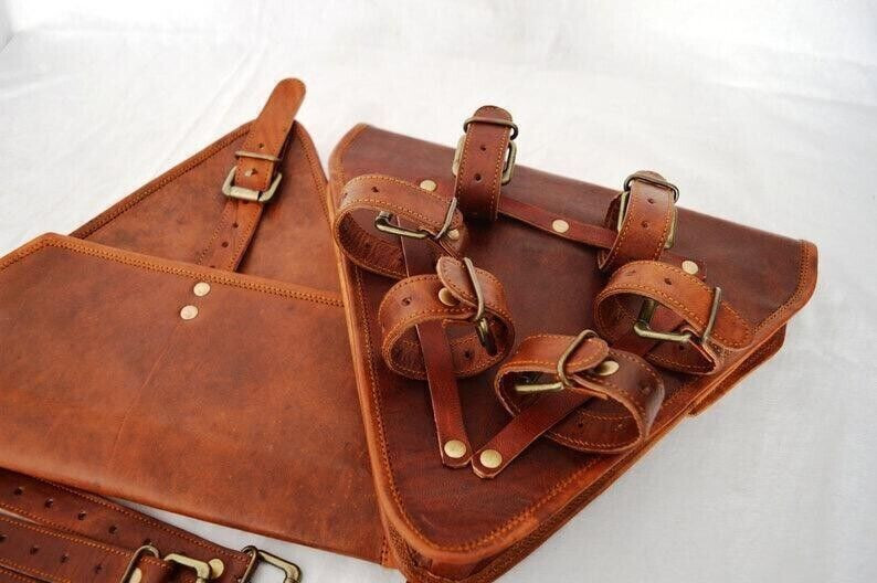 Handmade Leather CAFE RACER Saddle Pannier Bag Saddle Fork Tool Pouch Pannier