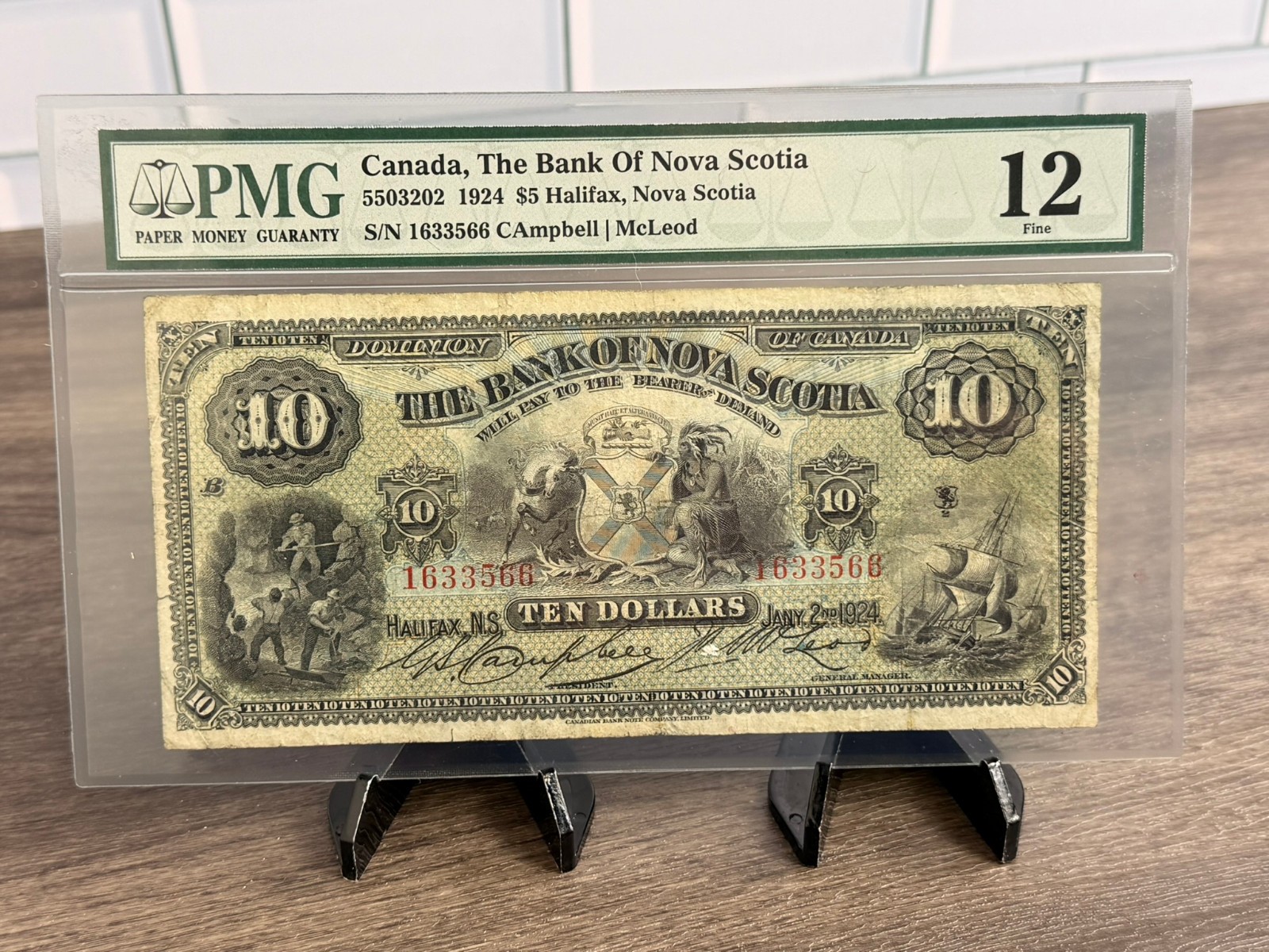1924 Bank of Nova Scotia $10 Bank Note Graded PMG F-12 SN1633566