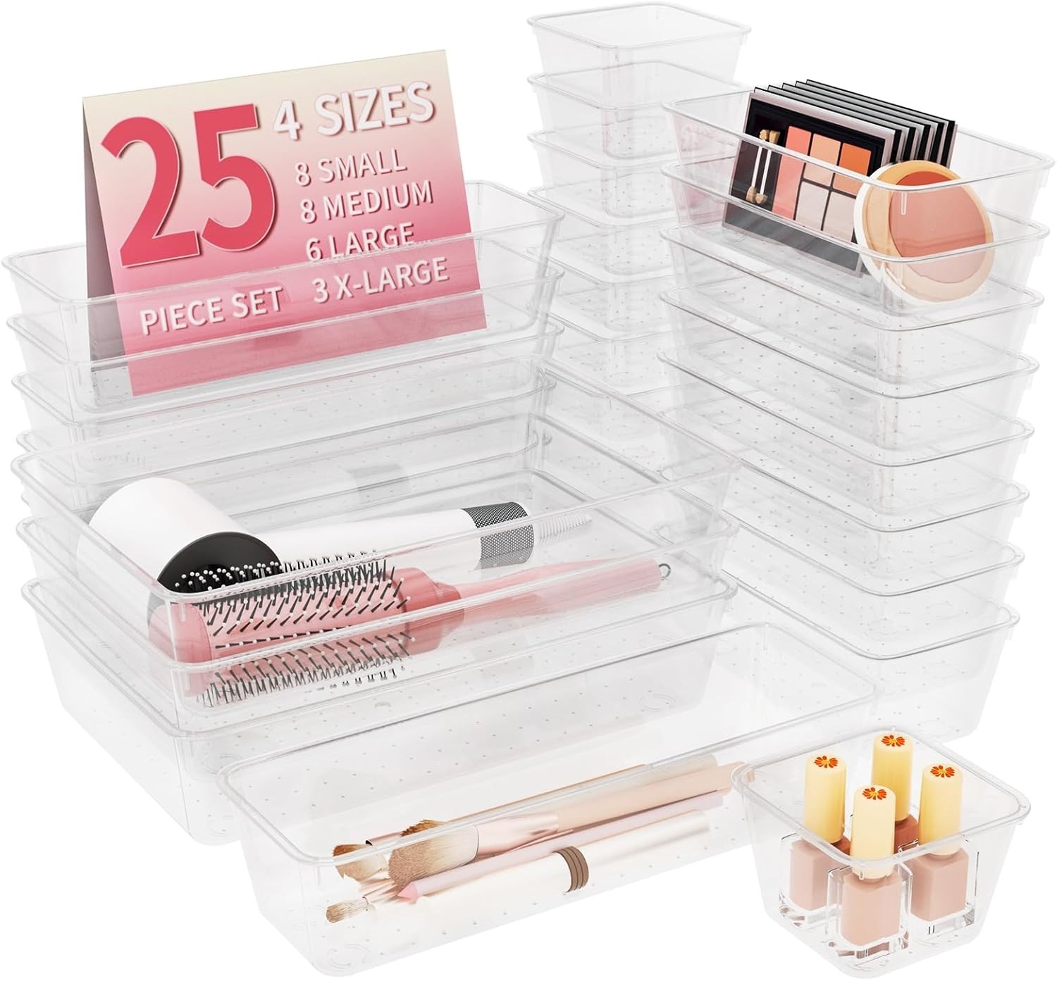 15/25 PCS Plastic Drawer Organizer Set, 4-Size Clear Bathroom and Vanity Desk Dr