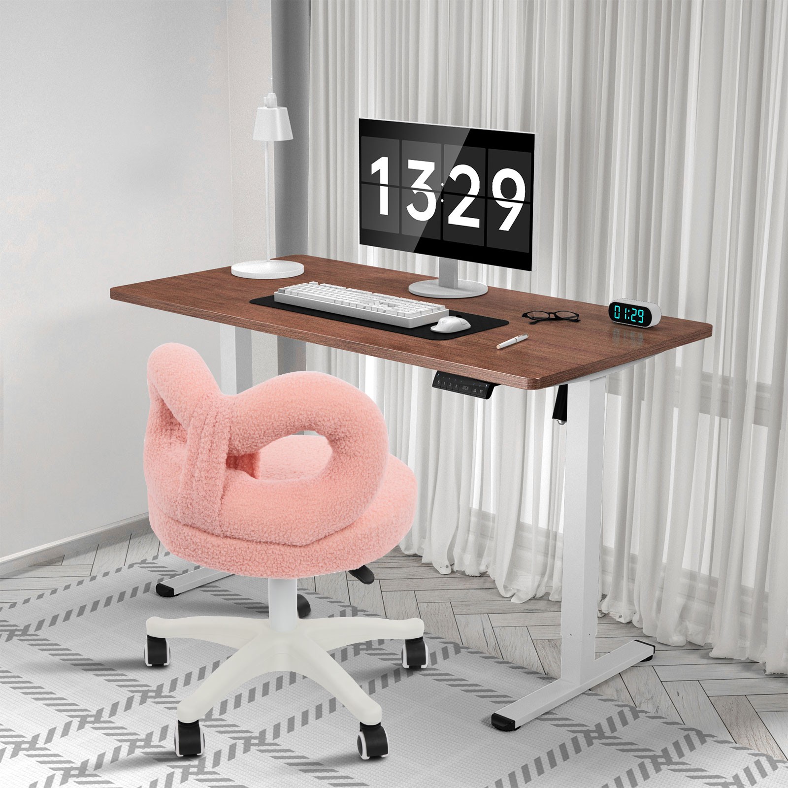 Vanity Chair with Cute Bow Backrest & Wheels, 360° Rolling Makeup Seat
