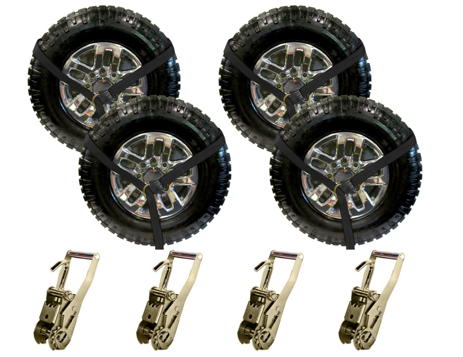 Black 4-Pack 2″ × 8′ Lasso Straps + 10,000 lb Ratchets w/ Finger Hooks Tie Down