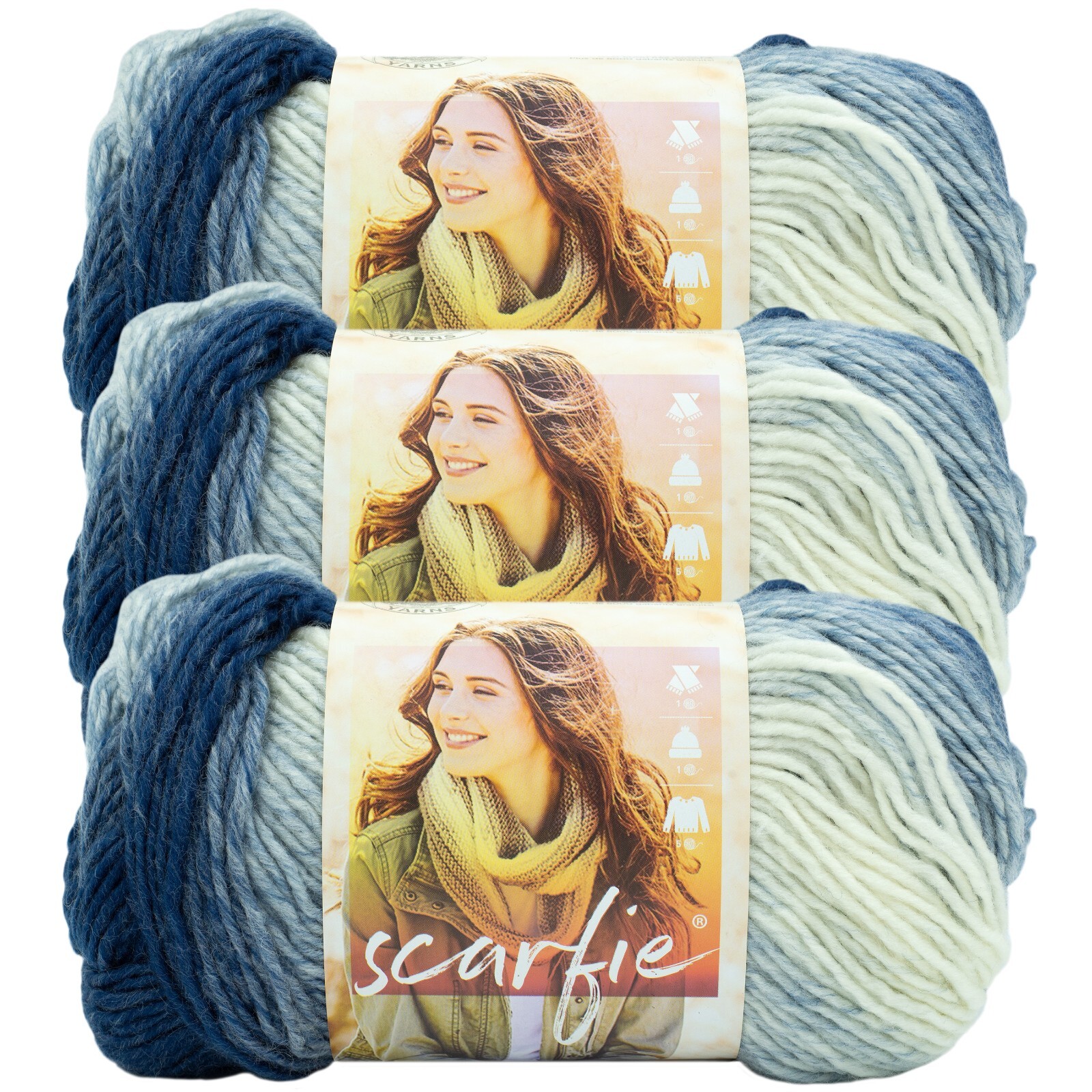 (3 Pack) Lion Brand Yarn 826-252C Scarfie Yarn, Blue/Cream