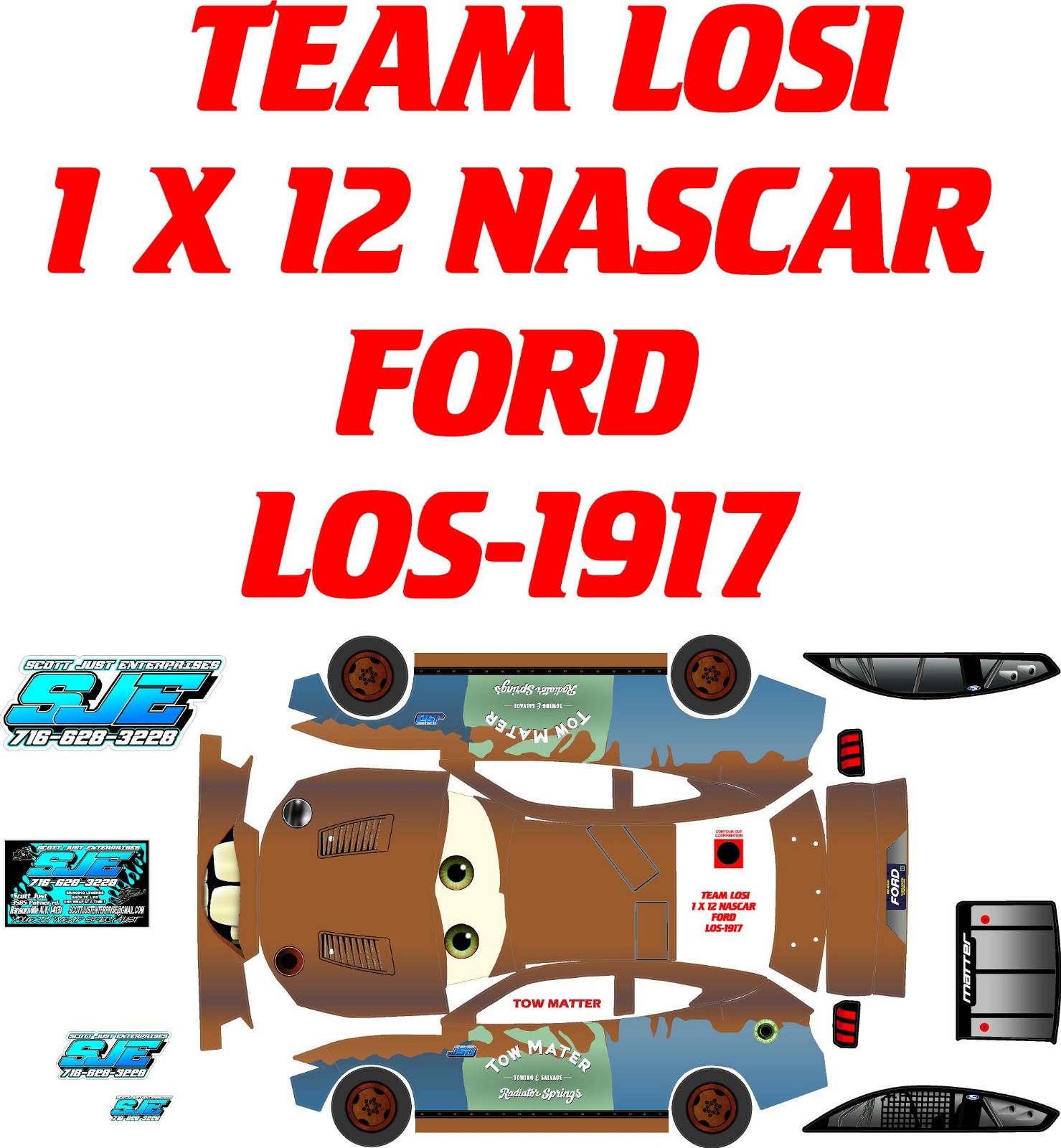 TEAM LOSI 1X12 LOS-1917  NASCAR CARS TOW MATER DECAL WRAP KIT FORD ONLY