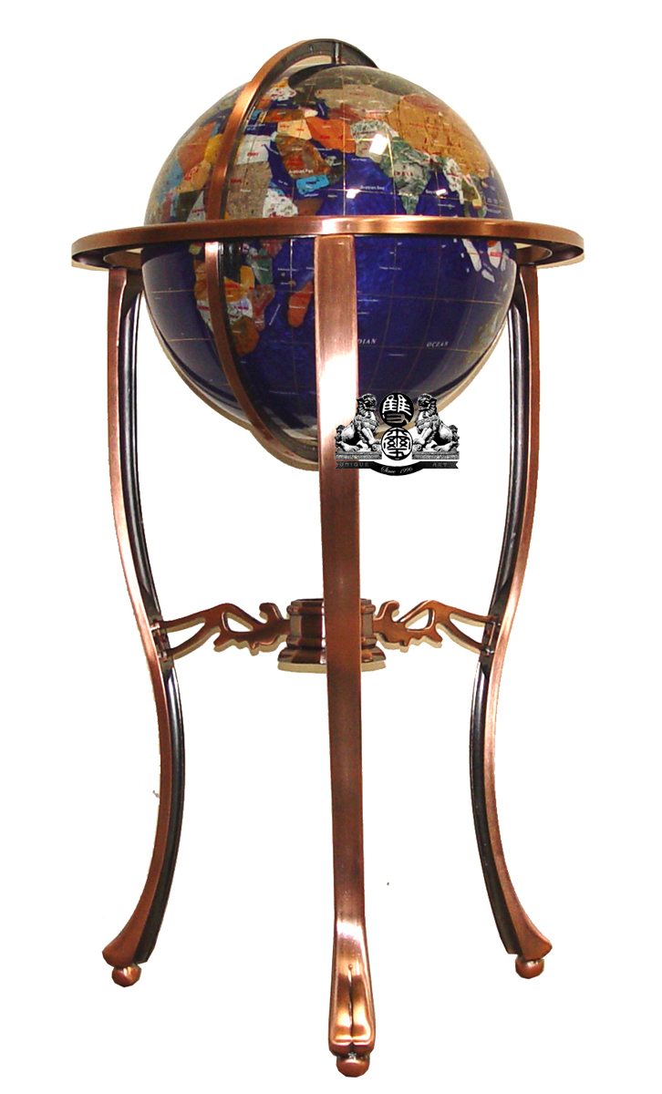 36" Tall Blue Pearl Swril Gemstone World Globe with Tripod Copper Floor Stand