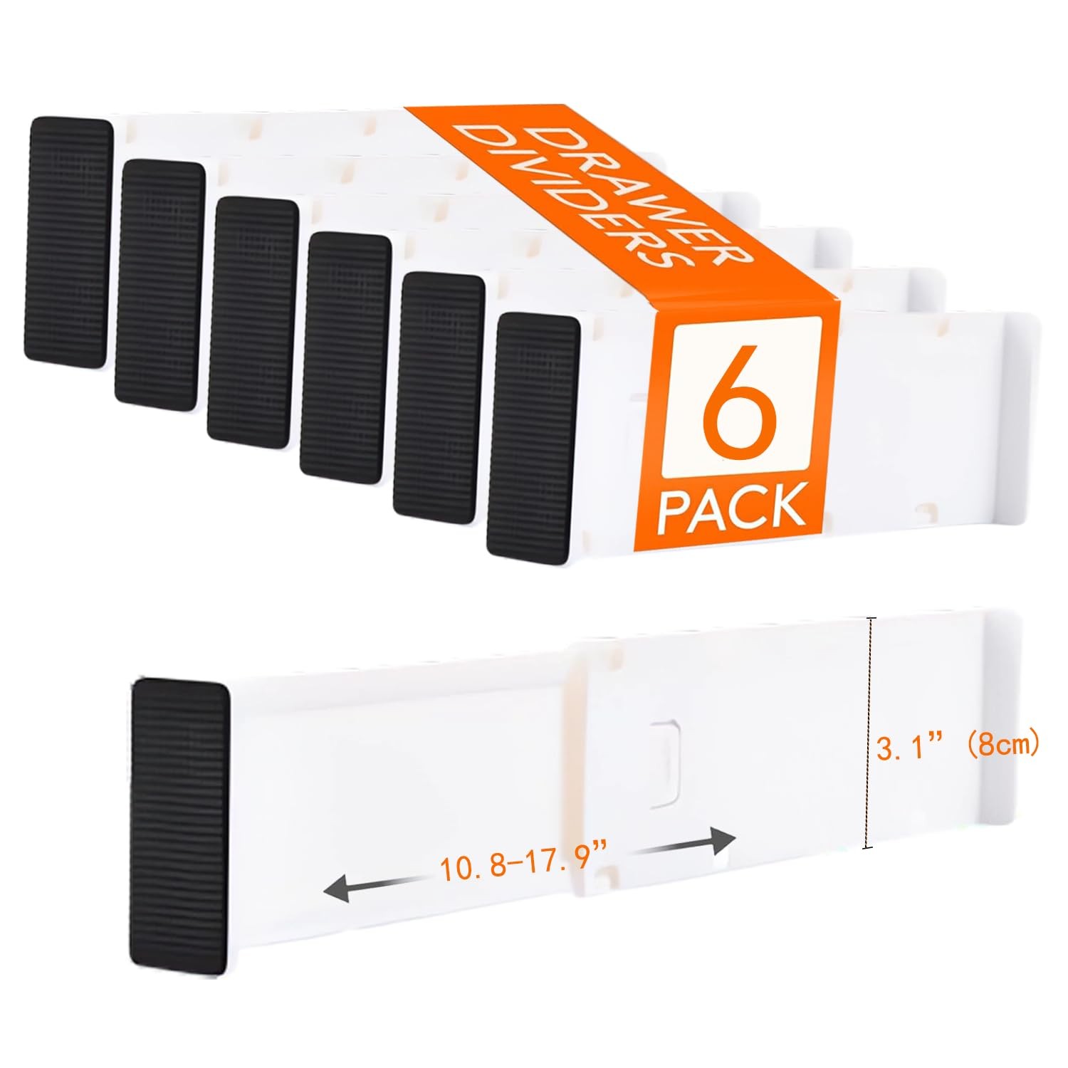 6-Pack Adjustable Drawer Dividers (10.8"-17.9"), 3.1" High Expandable Organiz...