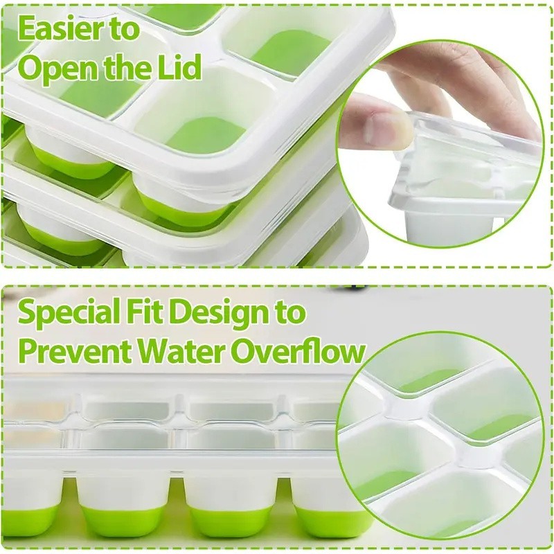 Ice Cube Tray 4 pack 14 Grid with Lid Easy Release Stackable Mold Kitchen Bar