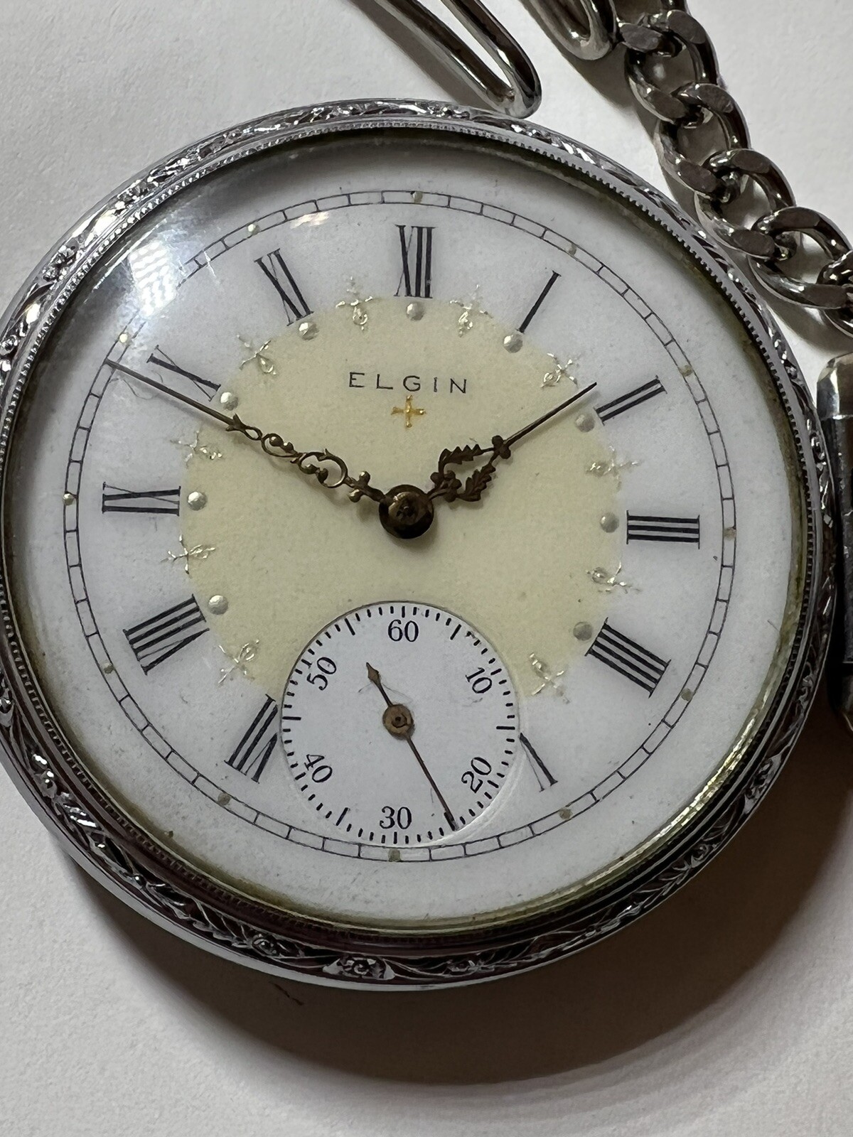 Elgin pocket watch mens 15j enamel dial USA 48mm