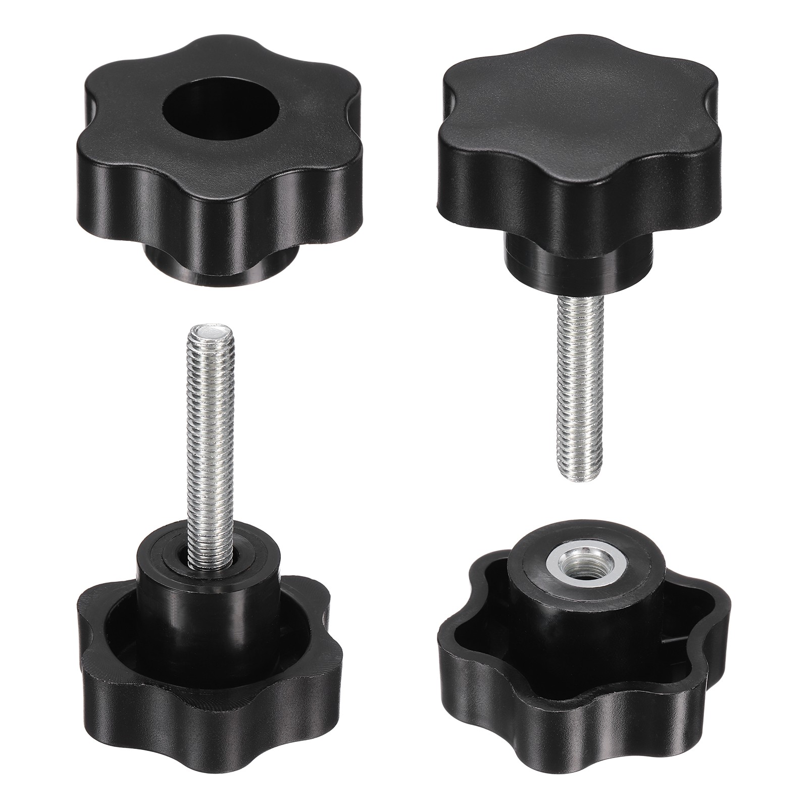 2 Set Star Knobs M8 x 45mm Male + M8 Female Thread 48mm Head Handles, Black