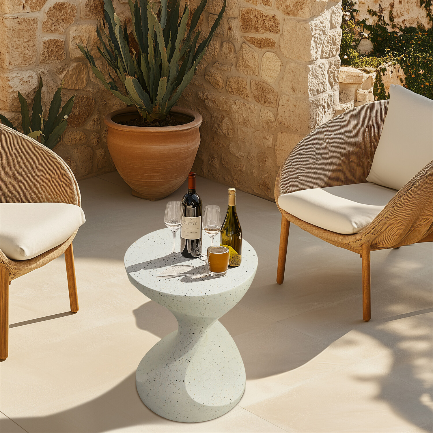 Outdoor Concrete Side Table 20 Inch Hourglass Shaped Bedside Accent End Table