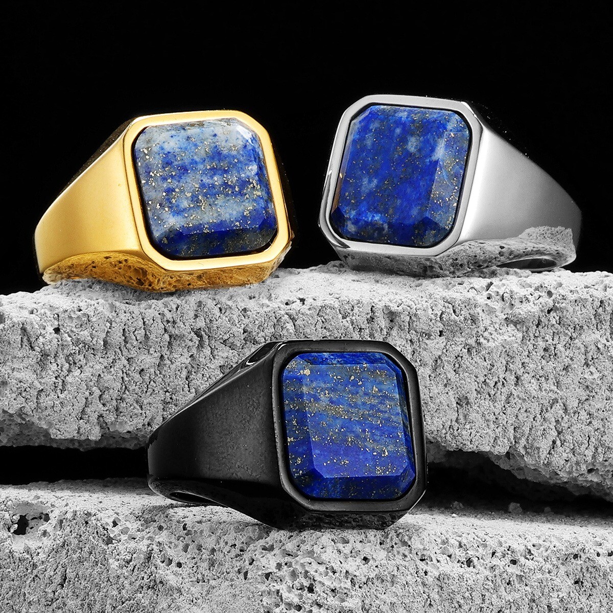 Lapis Lazuli Stone Galaxy Starry Sky Men Rings Stainless Steel Healing Jewelry