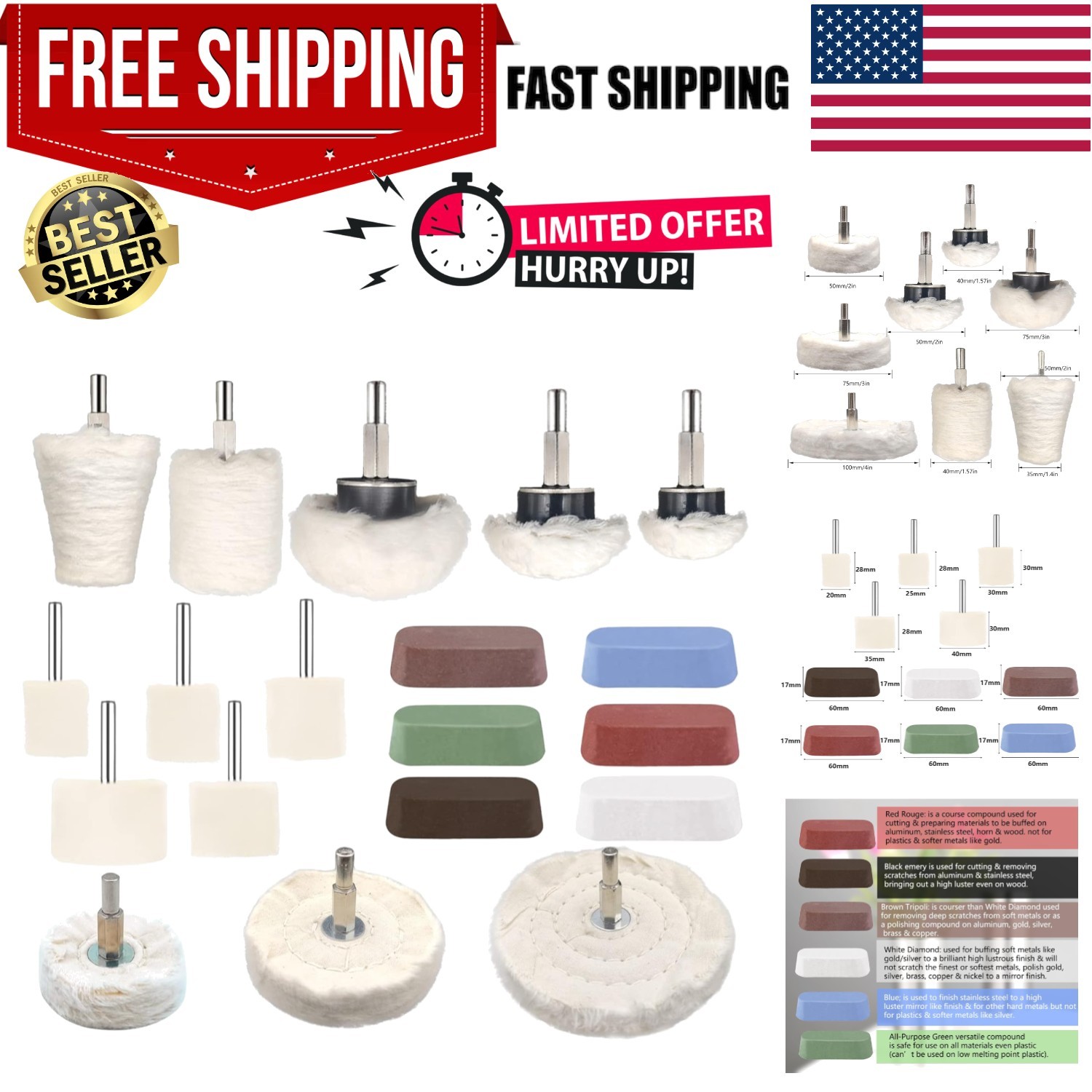 19 Pcs Buffing Wheel for Drill,Buffing Pad Polishing Wheel Kits with 6 Pcs Po...
