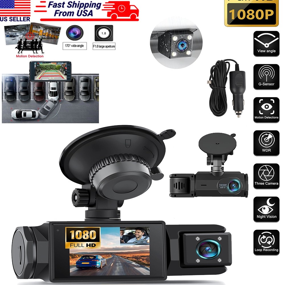 Dash Cam 1080P HD Car DVR Video Recorder Front /Rear /Inside Camera Night Vision