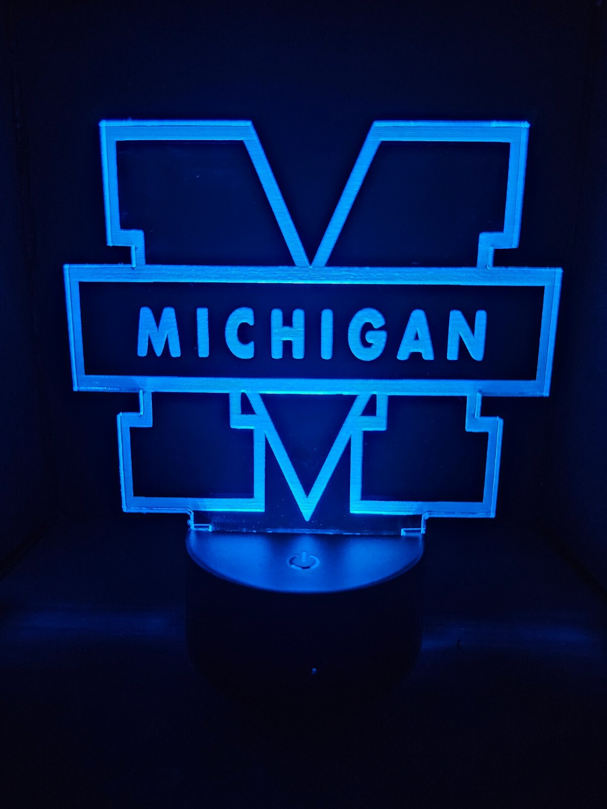 Michigan Logo 3D LED Night Light 16 Color Changing Acrylic W/ Remote/Base