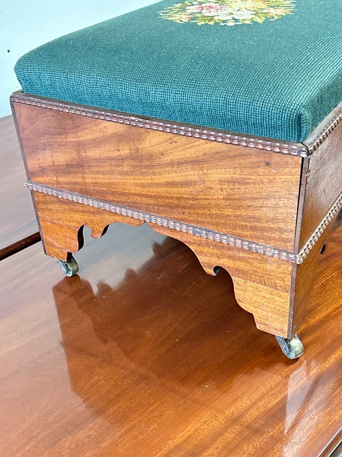 antique classical empire mahogany foot stool needlepoint 1840 bench