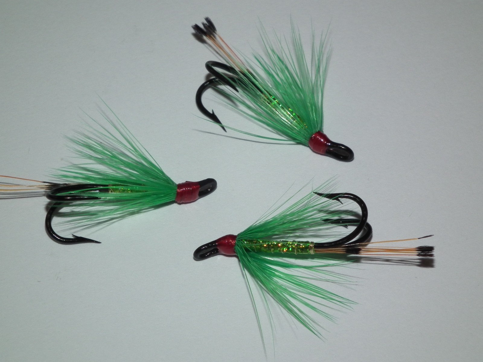 salmon/seatrout flies -- 3 green & olive tied on  mustad size 10 double hooks