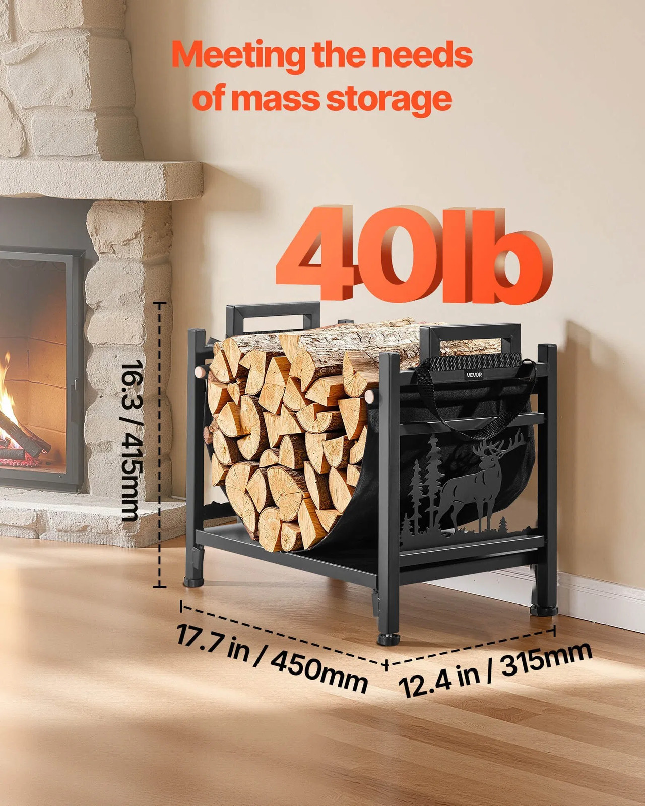 Indoor Firewood Rack, 1.5 ft Curved Log Holder with Canvas Carrier, 40lb Weight