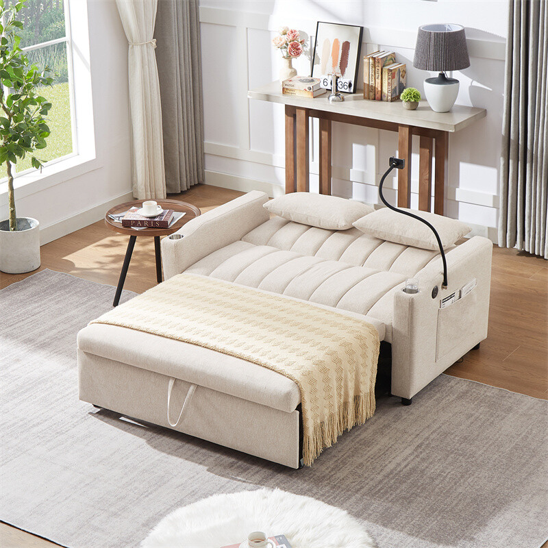 55.9" Convertible Sofa Bed Loveseat Sofa w/Adjustable Backrest & Phone Holder