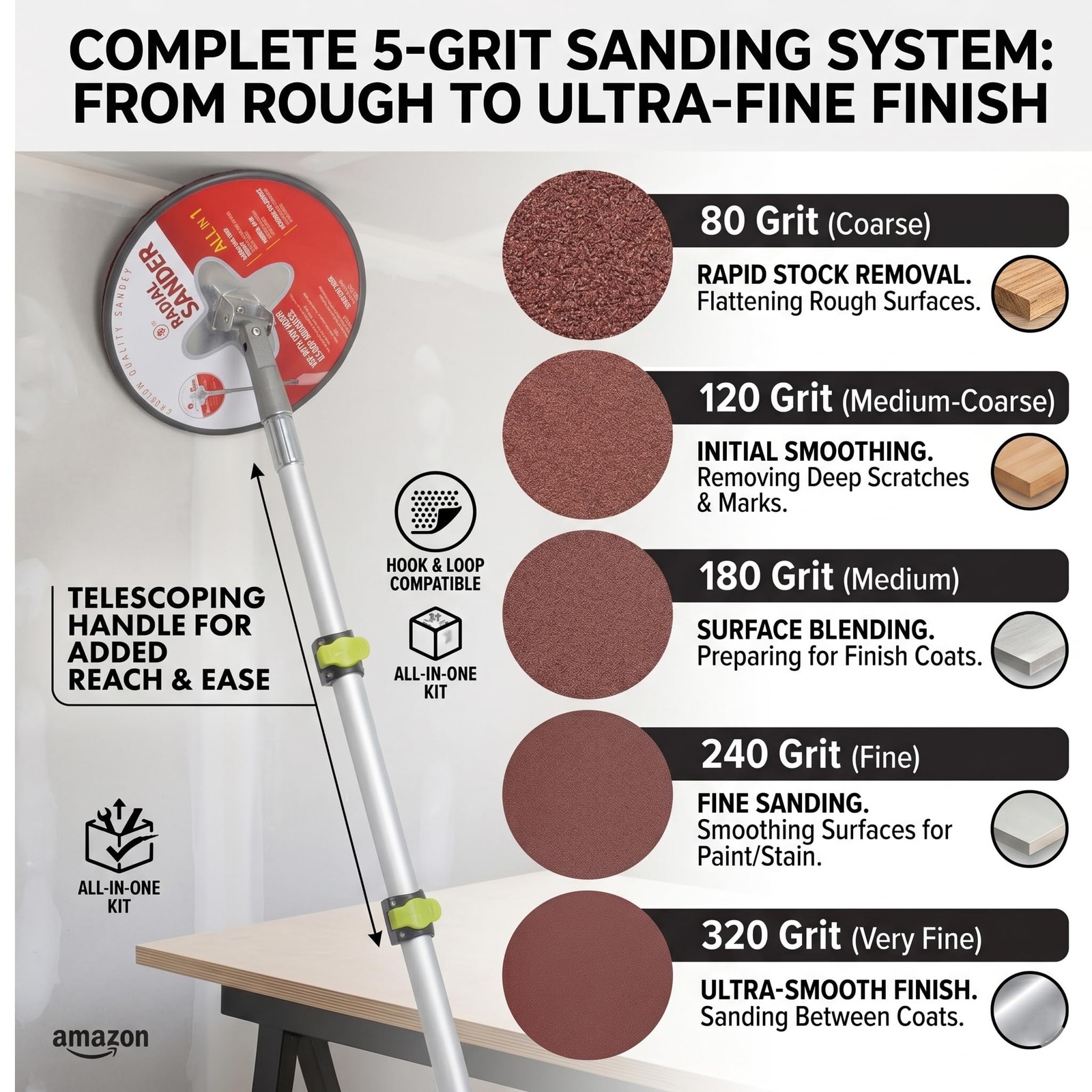 Aluminum Extendable Pole Sander & 10-Pack Sandpaper