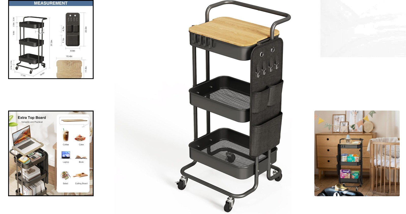 Versatile 3 Tier Metal Utility Rolling Cart with Locking Wheels - Black Finish