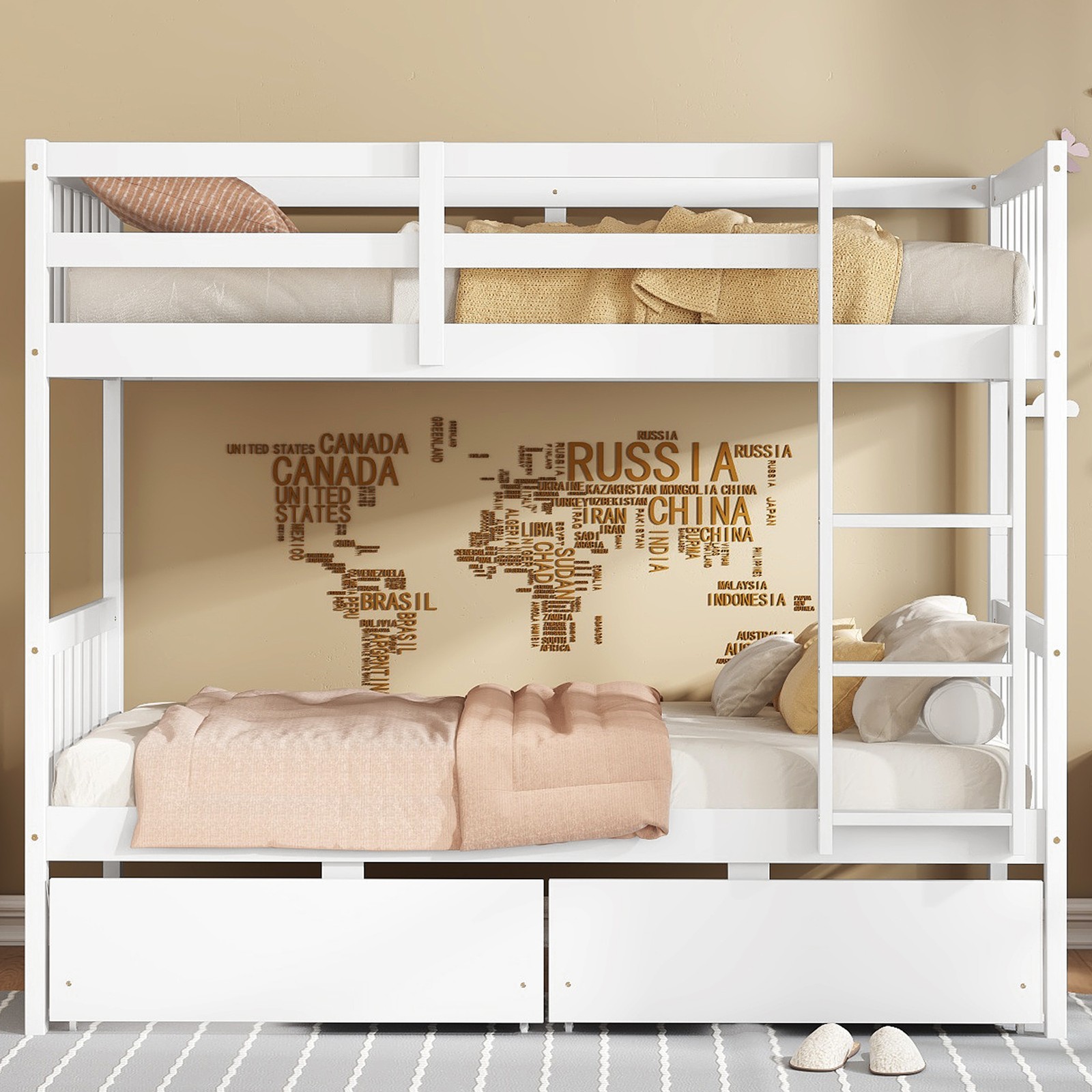 White Twin Bunk Bed with 2 Drawers, Converts to 2 Beds, Ladder