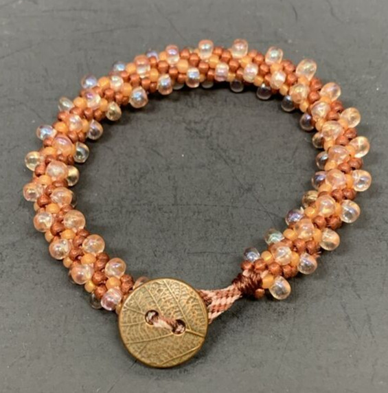 Handmade 8.5" Beaded Bracelet W/Copper Leaf Circle Button Enclosure 18.22G