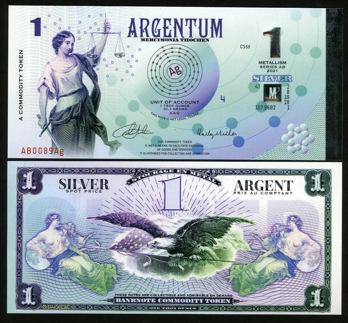 Argentum, 1 metallism, a commodity token, 2021, polymer, silver foil, UNC F