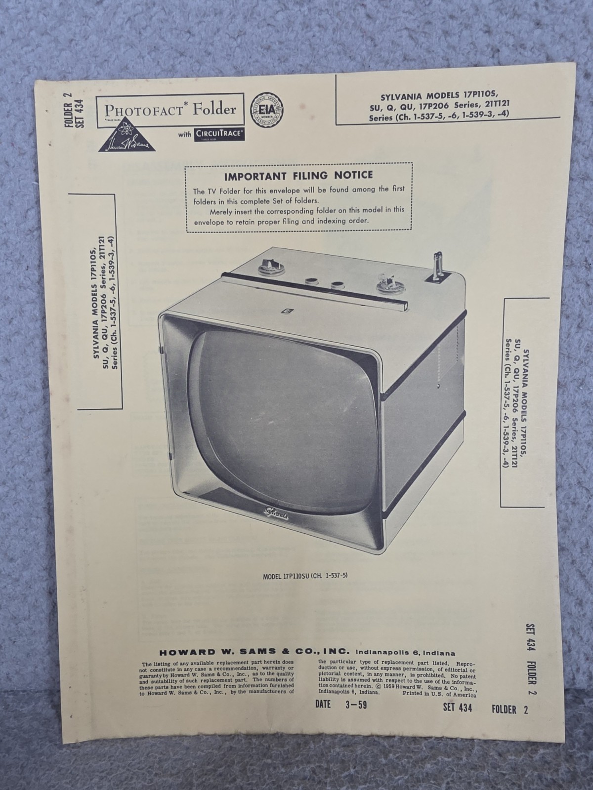Sylvania 17P11OS - 21T121 Sams Photofact 1959 Television Repair User Manual