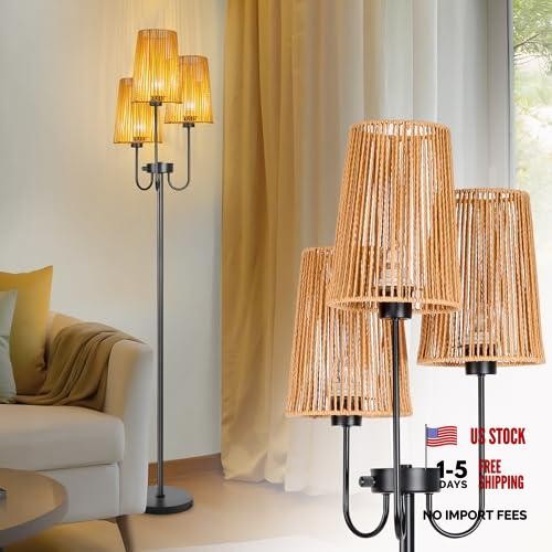 3-Light Boho Floor Lamp with Rattan Shades & 3 Colors Temp Black - Brown Rattan